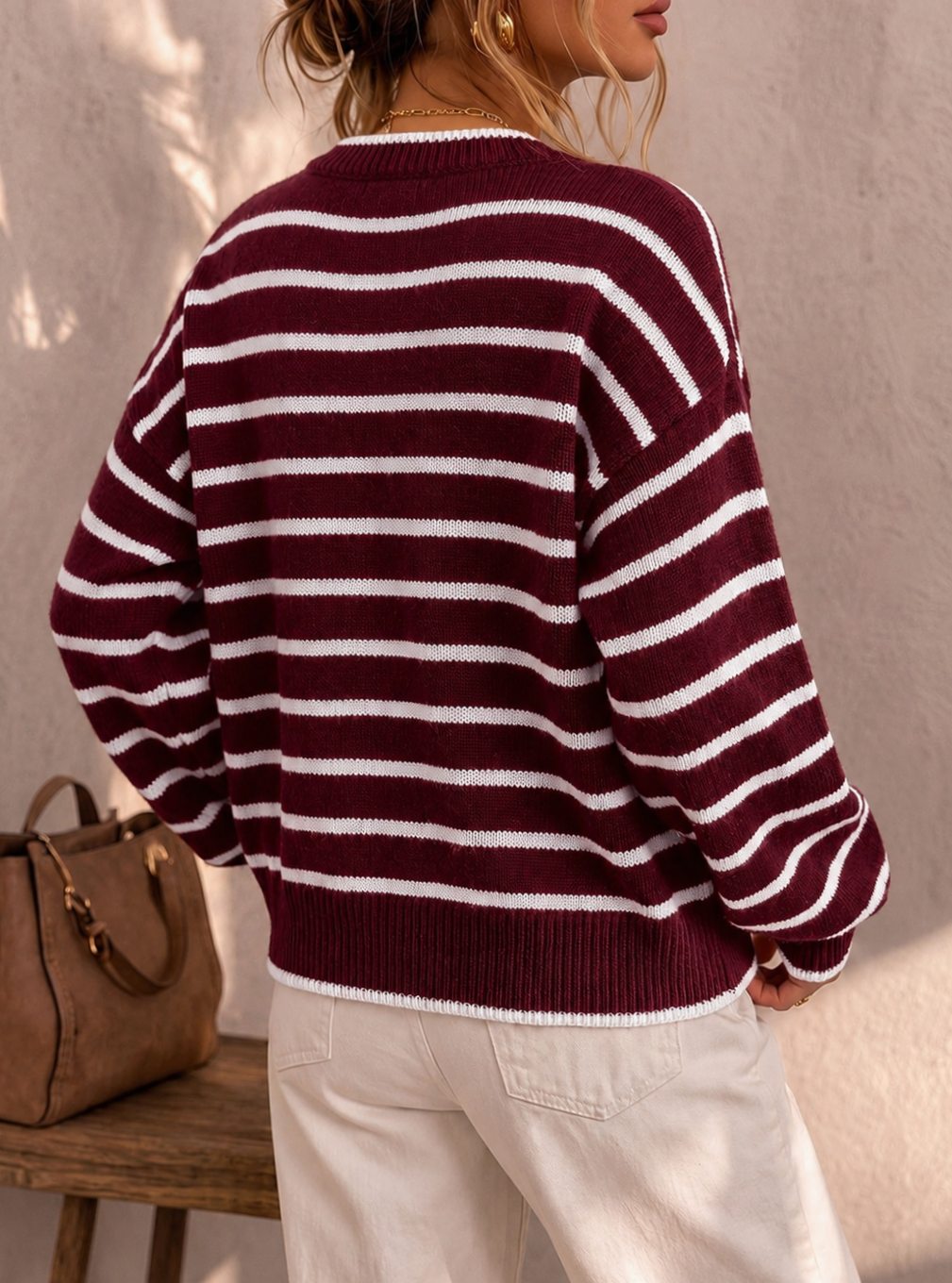 Women's Oversized Striped Knit Cardigan Button-Up Sweater