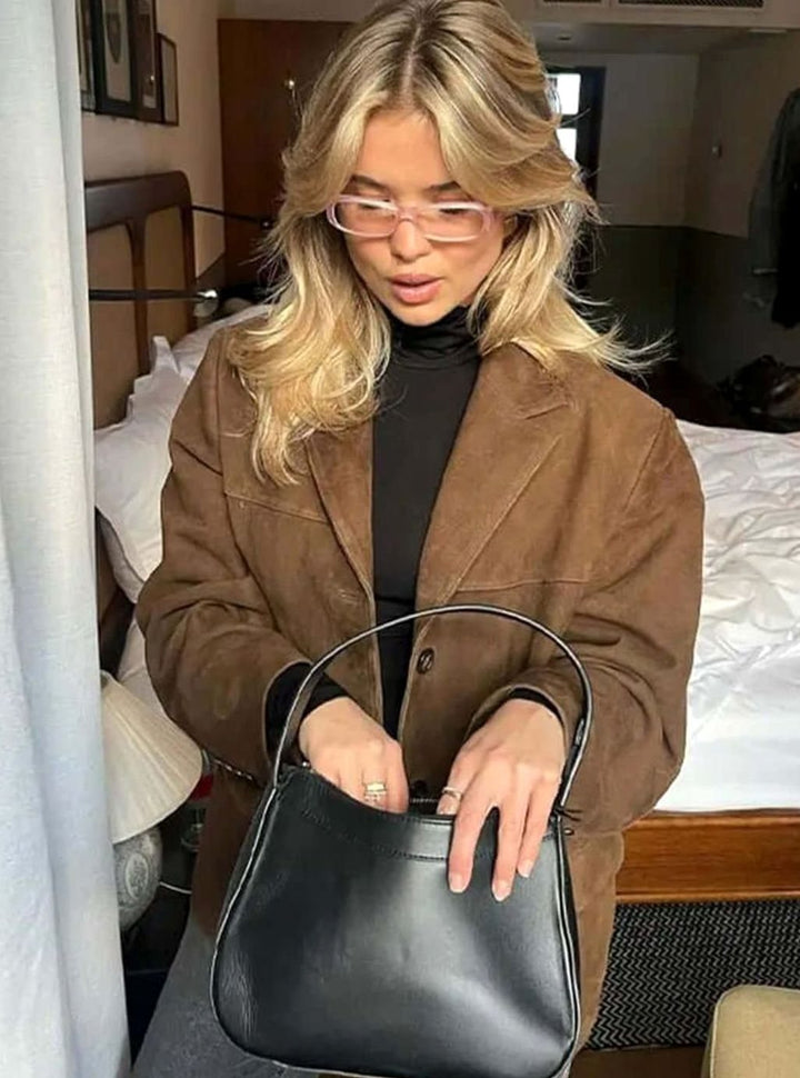 Women's Oversized Suede-Look Brown Blazer Jacket