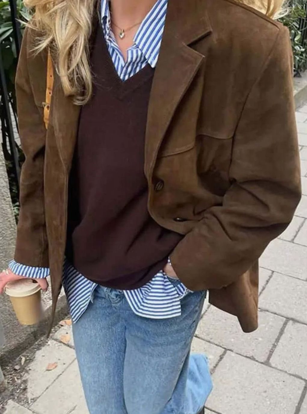 Women's Oversized Suede-Look Brown Blazer Jacket