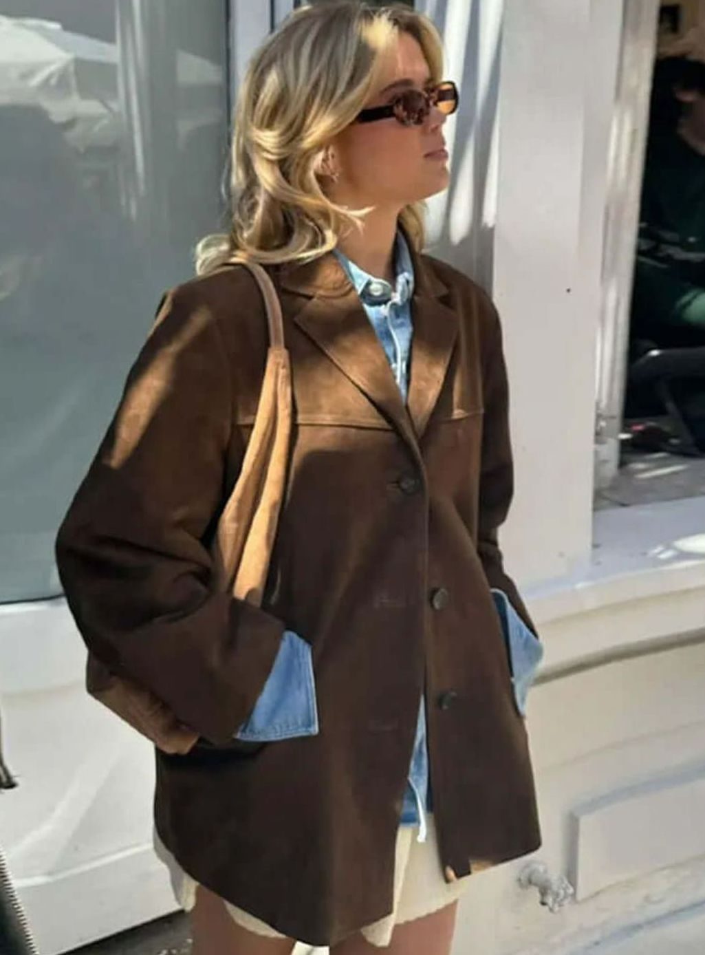 Women's Oversized Suede-Look Brown Blazer Jacket
