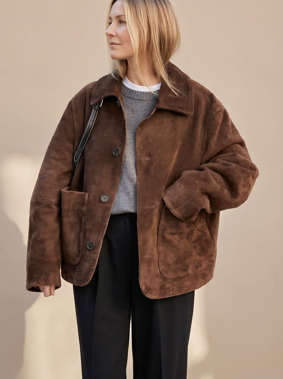 Women's Oversized Teddy Button-Front Jacket Patch Pockets - Brown
