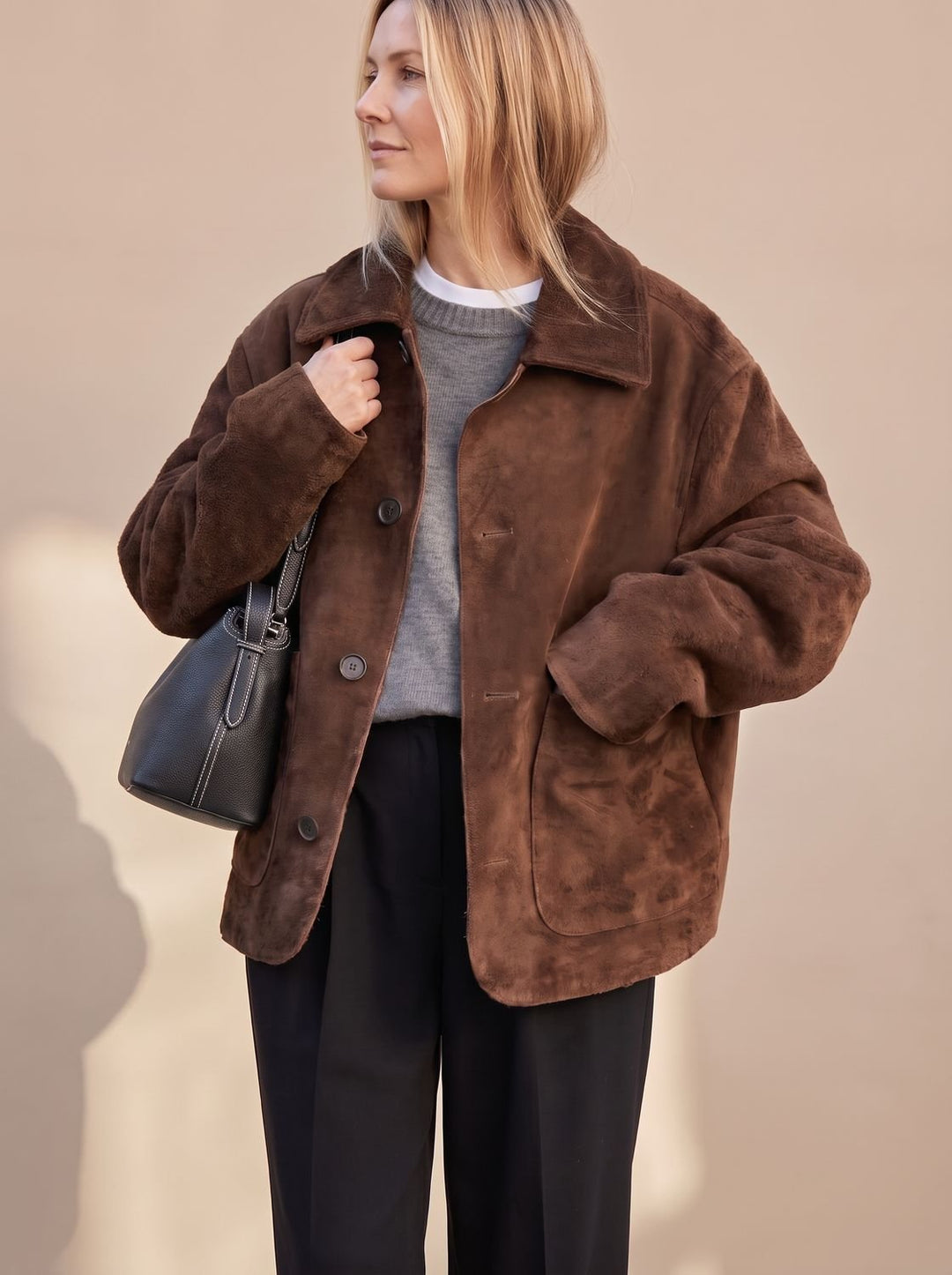 Women's Oversized Teddy Button-Front Jacket Patch Pockets
