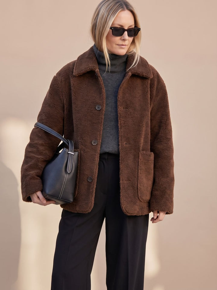 Women's Oversized Teddy Button-Front Jacket Patch Pockets