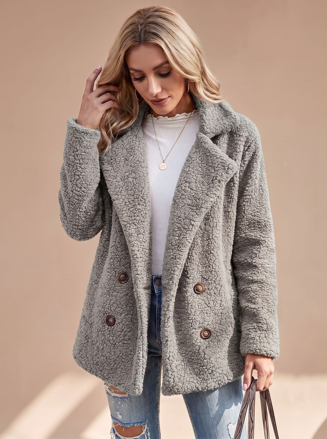 Women's Oversized Teddy Faux Fur Double-Breasted Coat - Light Grey