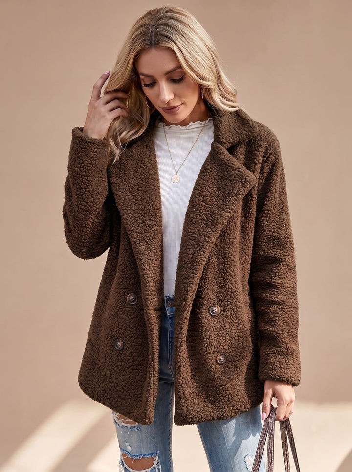 Women's Oversized Teddy Faux Fur Double-Breasted Coat - Coffee