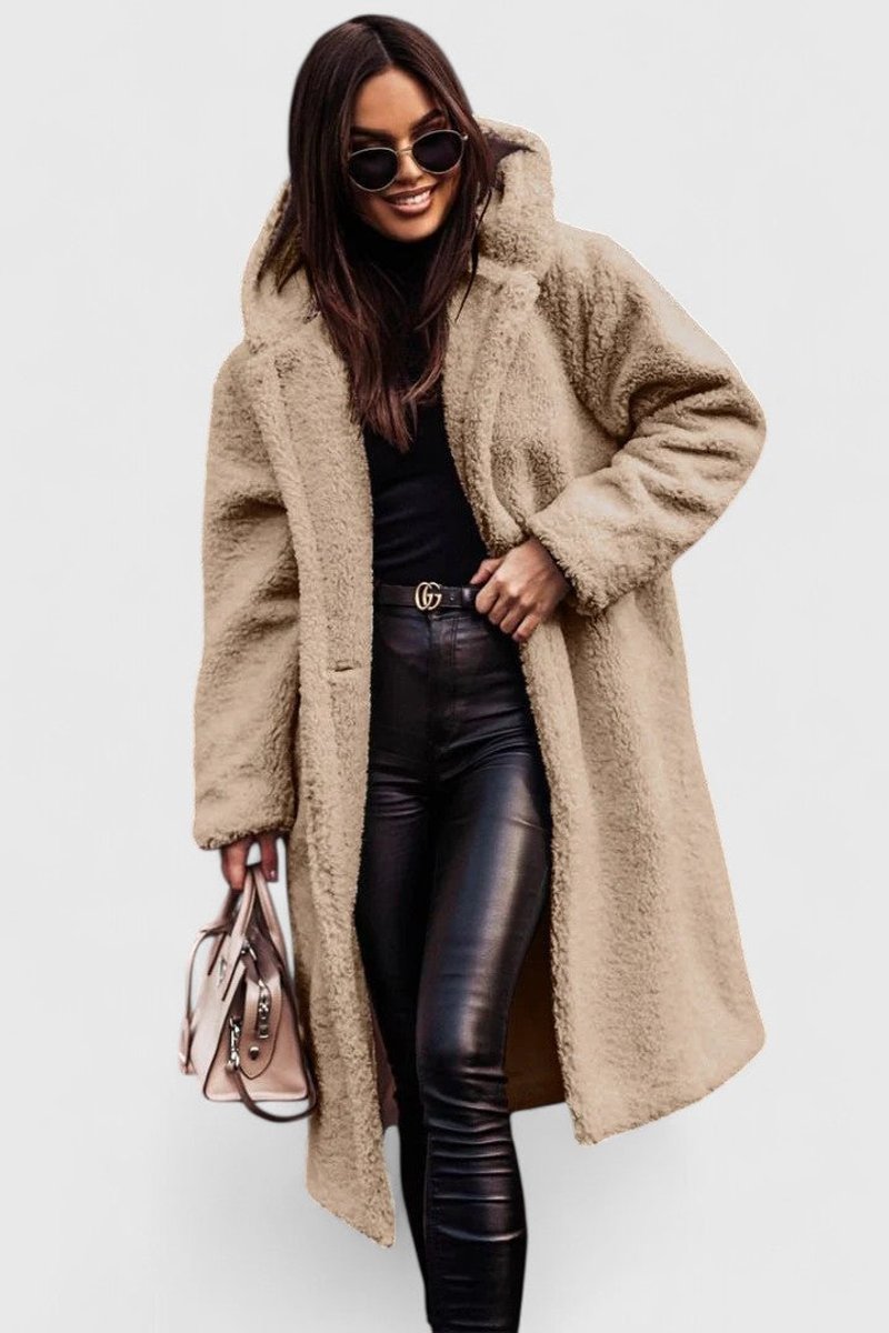 Women's Oversized Teddy Fleece Long Open-Front Jacket - Beige