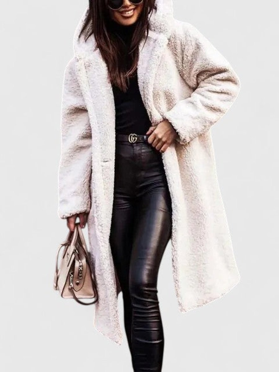 Women's Oversized Teddy Fleece Long Open-Front Jacket - White