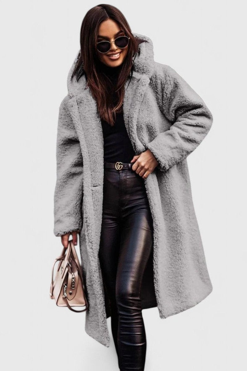 Women's Oversized Teddy Fleece Long Open-Front Jacket - Gray