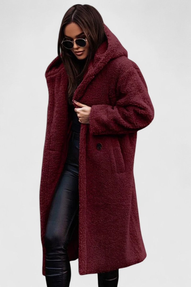 Women's Oversized Teddy Fleece Long Open-Front Jacket - Red