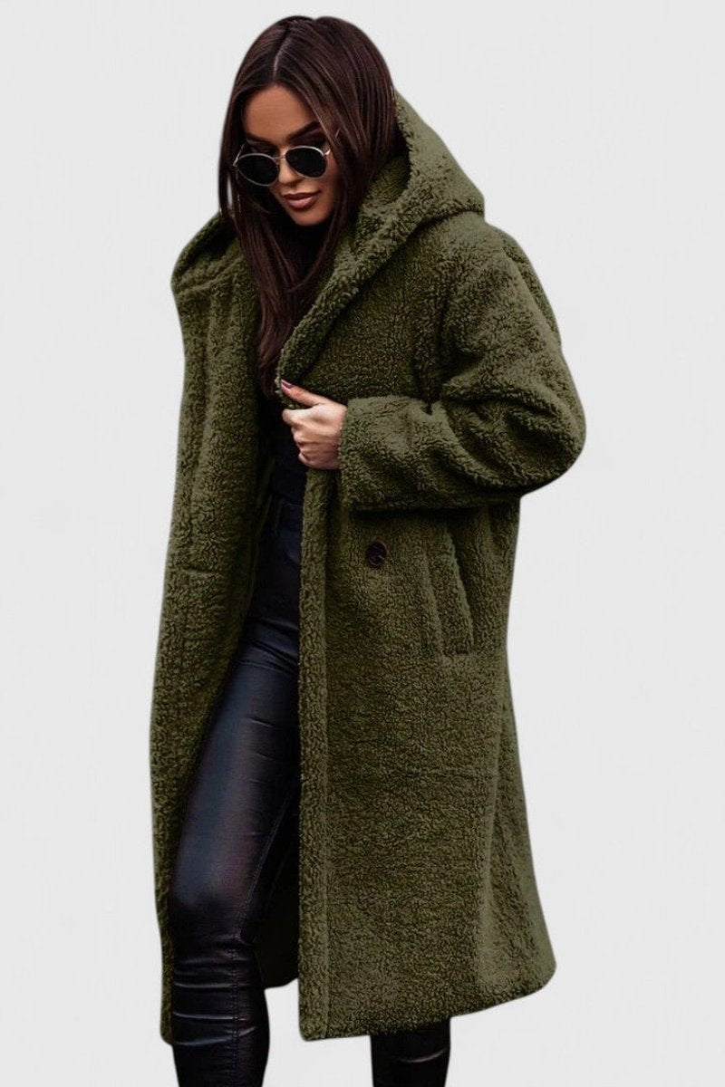 Women's Oversized Teddy Fleece Long Open-Front Jacket - Green