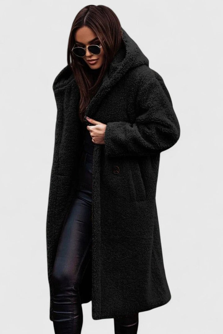 Women's Oversized Teddy Fleece Long Open-Front Jacket - Black