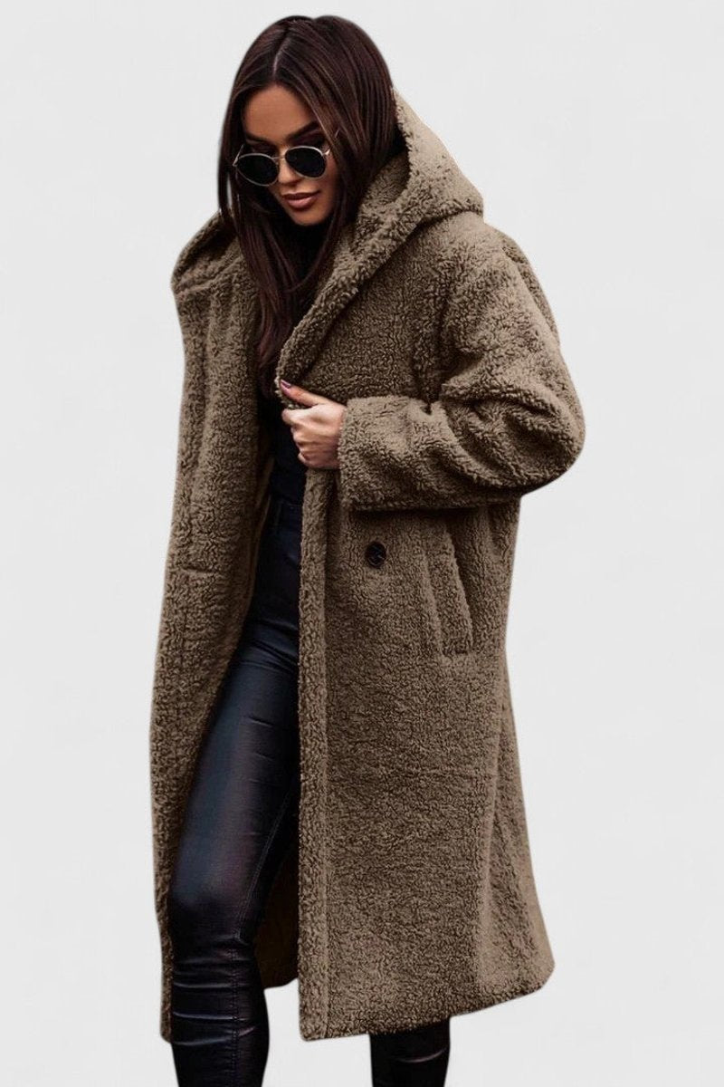 Women's Oversized Teddy Fleece Long Open-Front Jacket - Khaki