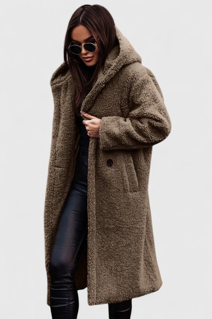 Women's Oversized Teddy Fleece Long Open-Front Jacket - Khaki