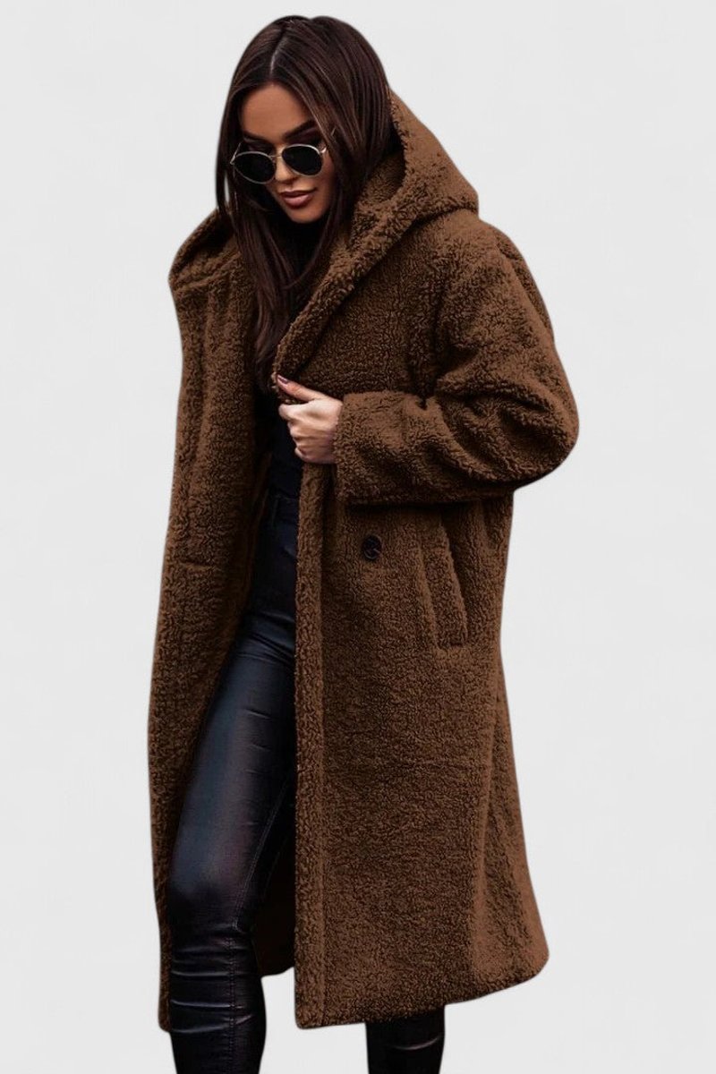 Women's Oversized Teddy Fleece Long Open-Front Jacket - Brown