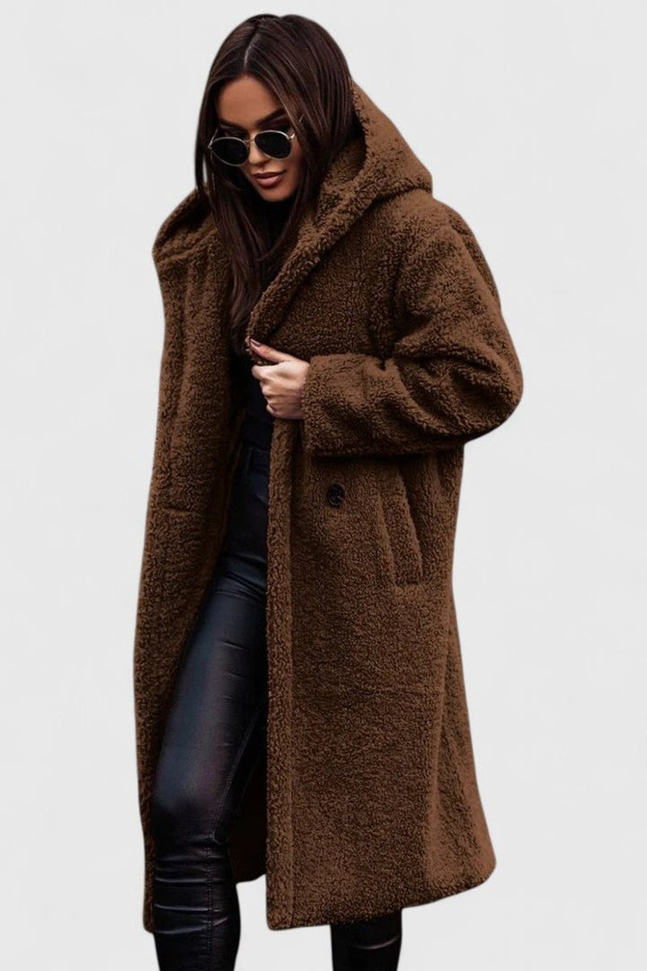 Women's Oversized Teddy Fleece Long Open-Front Jacket - Brown