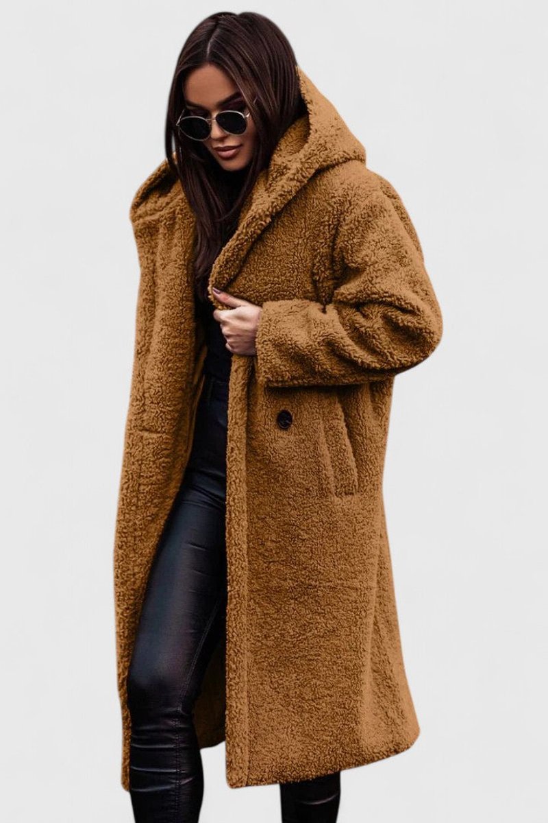 Women's Oversized Teddy Fleece Long Open-Front Jacket - Light Brown