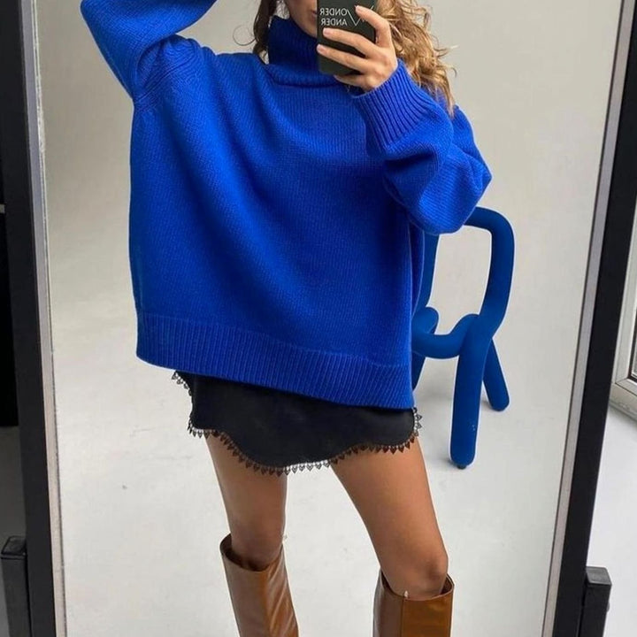 Women's Oversized Turtleneck Knit Long-Sleeve Sweater - Blue