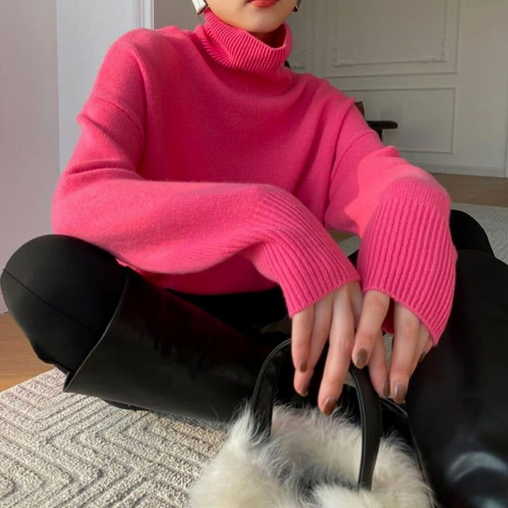 Women's Oversized Turtleneck Knit Long-Sleeve Sweater - Rose Red