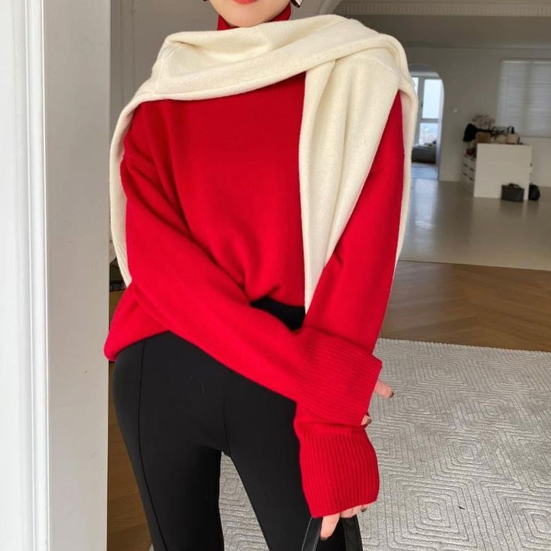 Women's Oversized Turtleneck Knit Long-Sleeve Sweater - Red