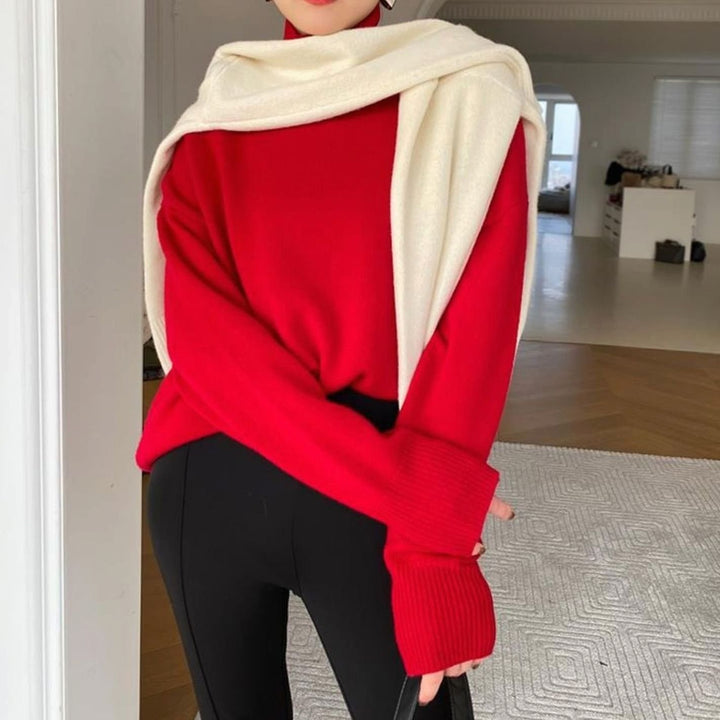Women's Oversized Turtleneck Knit Long-Sleeve Sweater - Red