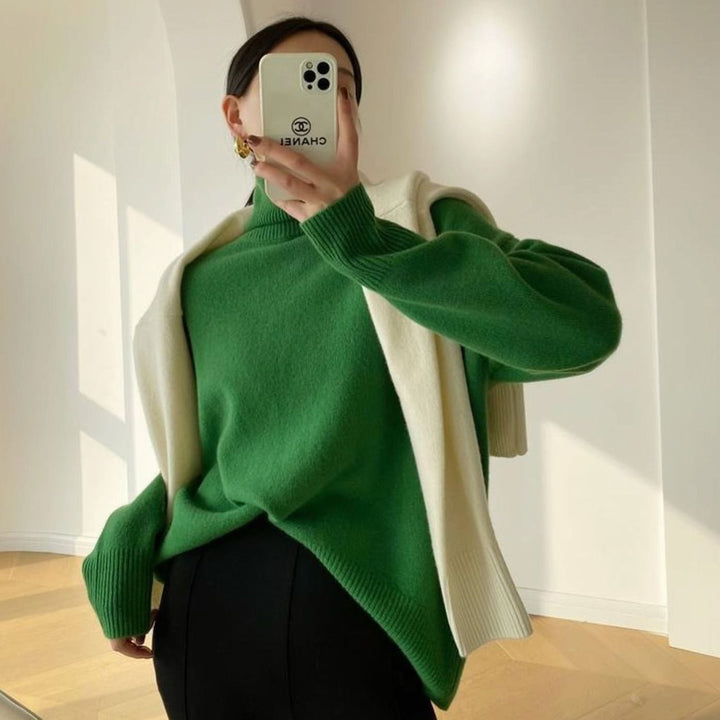 Women's Oversized Turtleneck Knit Long-Sleeve Sweater - Green