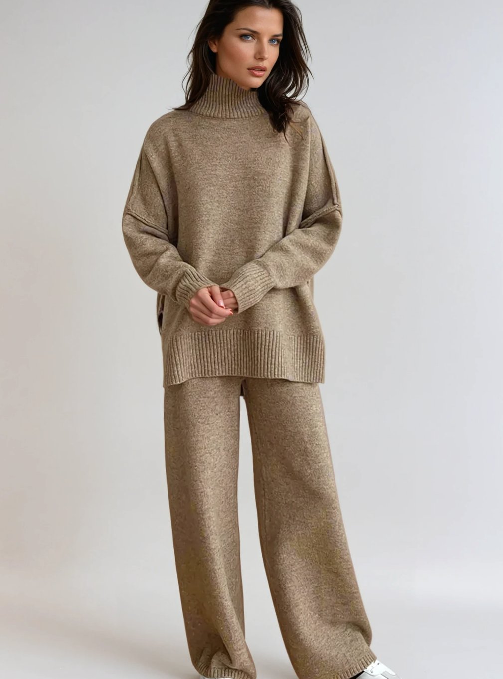 Women's Oversized Turtleneck Wide-Leg Knit Lounge Set - Beige
