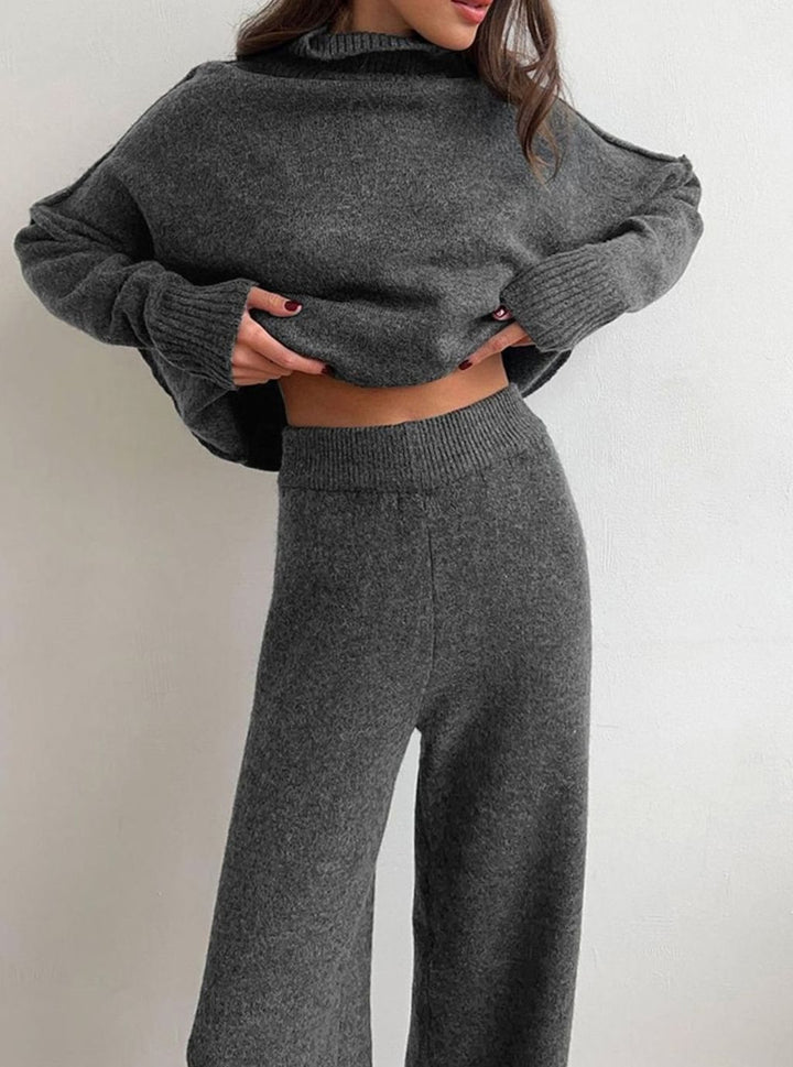 Women's Oversized Turtleneck Wide-Leg Knit Lounge Set - Gray