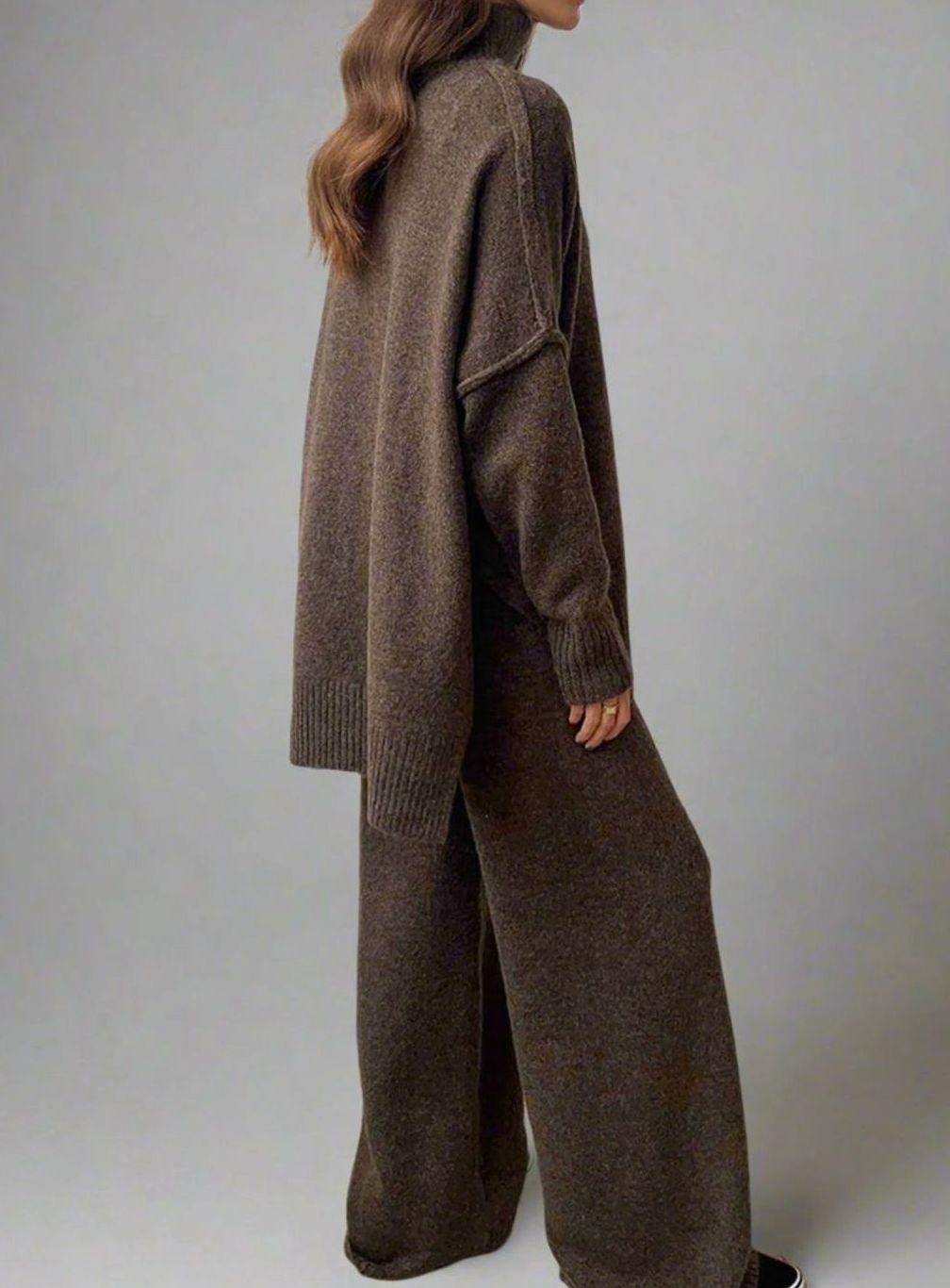 Women's Oversized Turtleneck Wide-Leg Knit Lounge Set - Brown