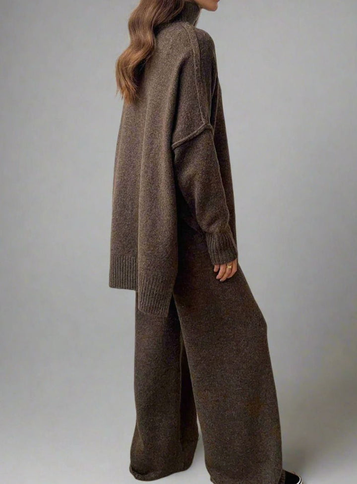 Women's Oversized Turtleneck Wide-Leg Knit Lounge Set - Brown