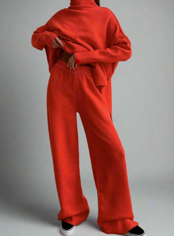 Women's Oversized Turtleneck Wide-Leg Knit Lounge Set - Red