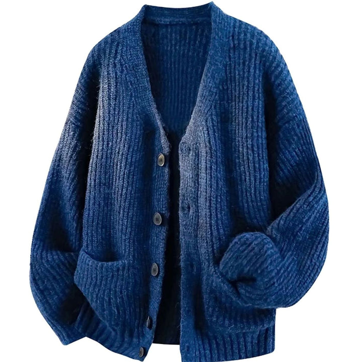 Women's Oversized V-Neck Button-Front Knit Cardigan - Blue