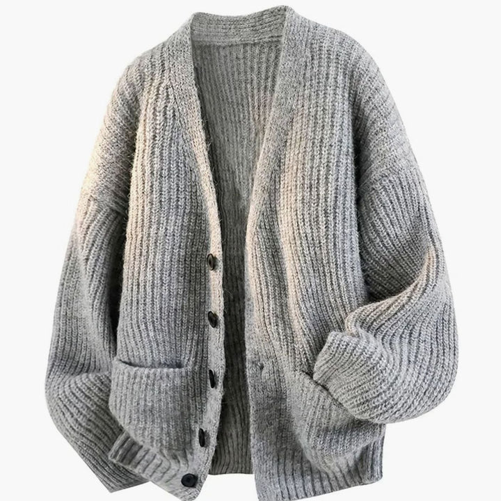 Women's Oversized V-Neck Button-Front Knit Cardigan - Gray