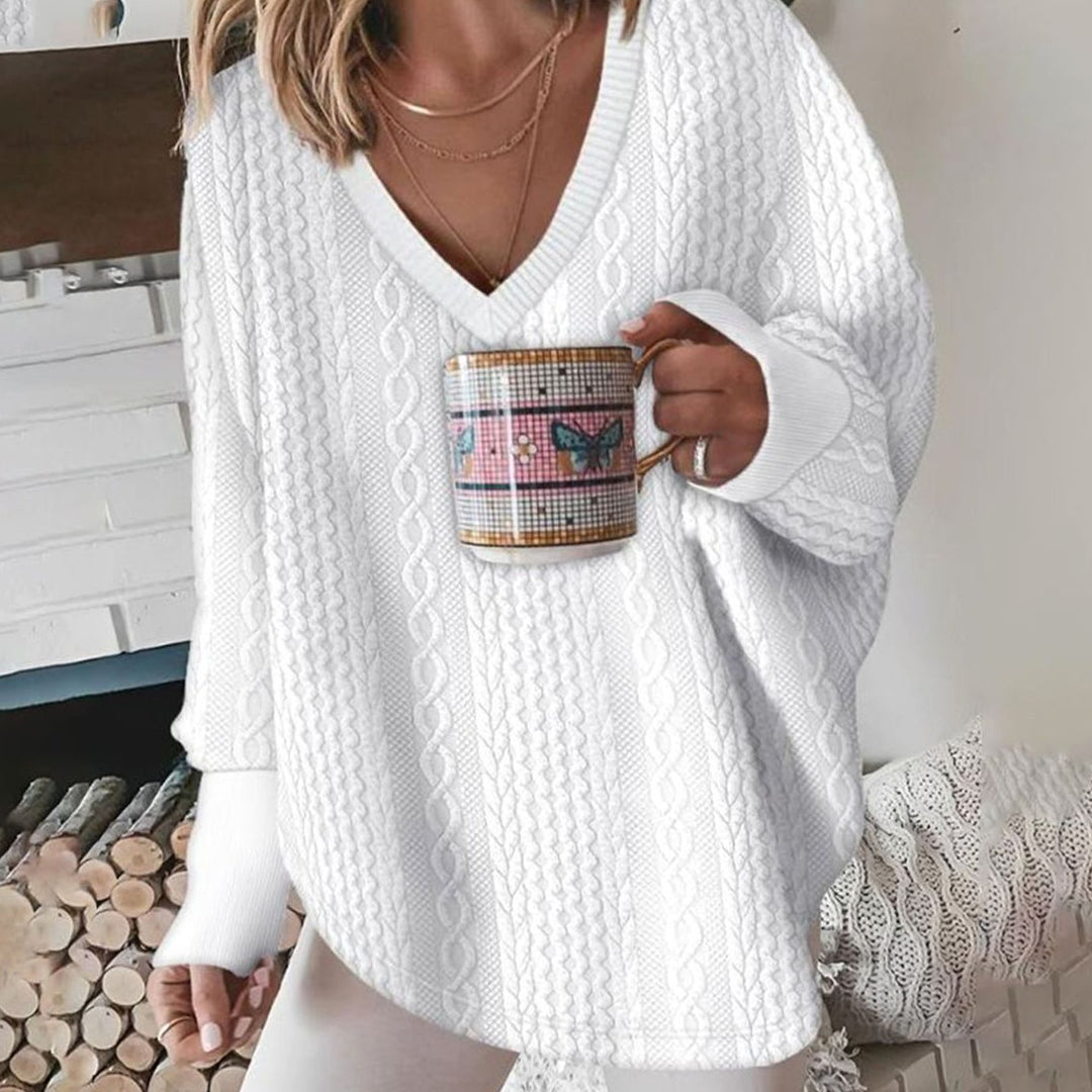 Women's Oversized V-Neck Cable Knit Sweater Long Sleeve - White