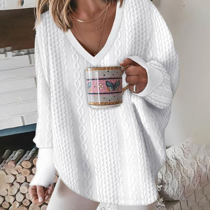 Women's Oversized V-Neck Cable Knit Sweater Long Sleeve - White
