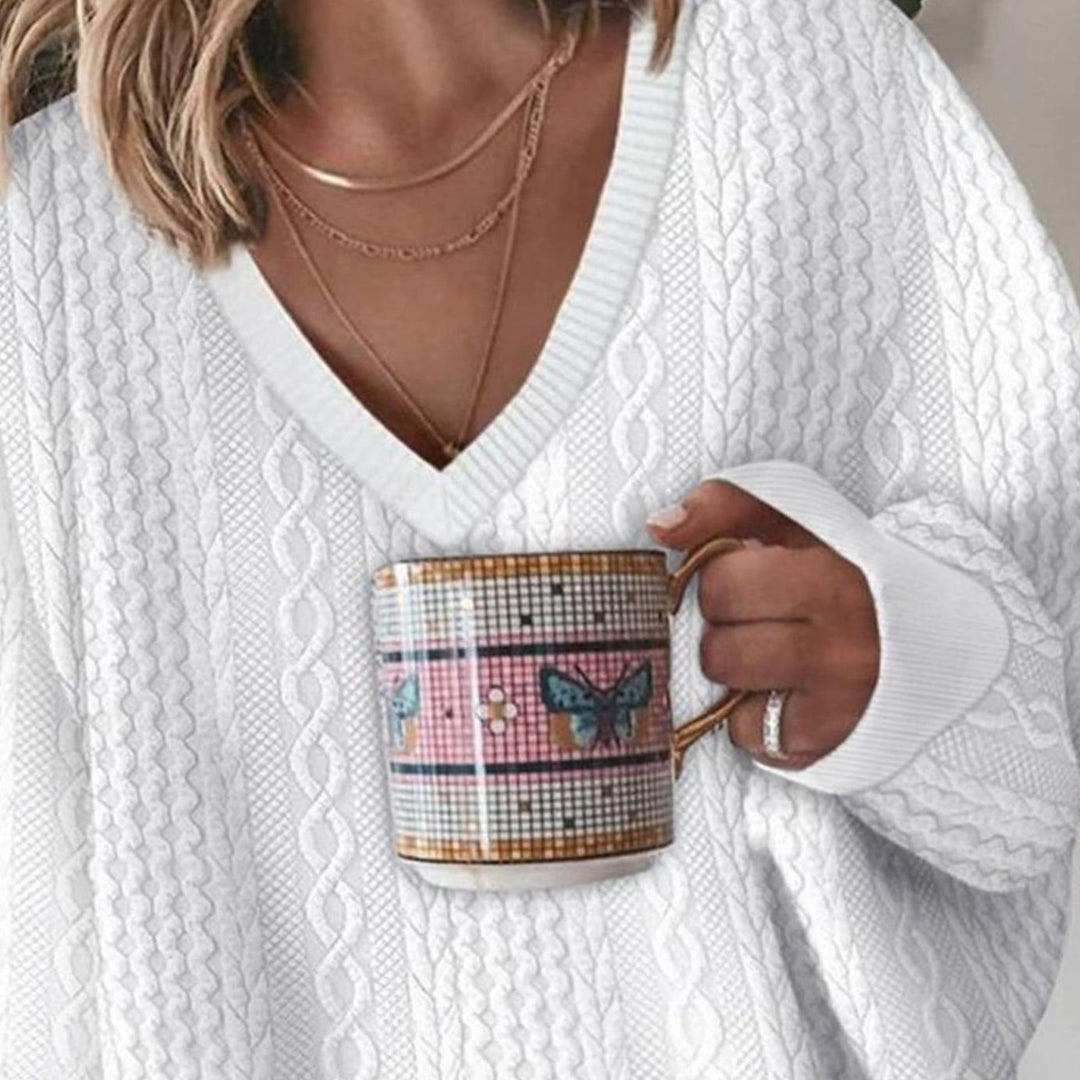 Women's Oversized V-Neck Cable Knit Sweater Long Sleeve