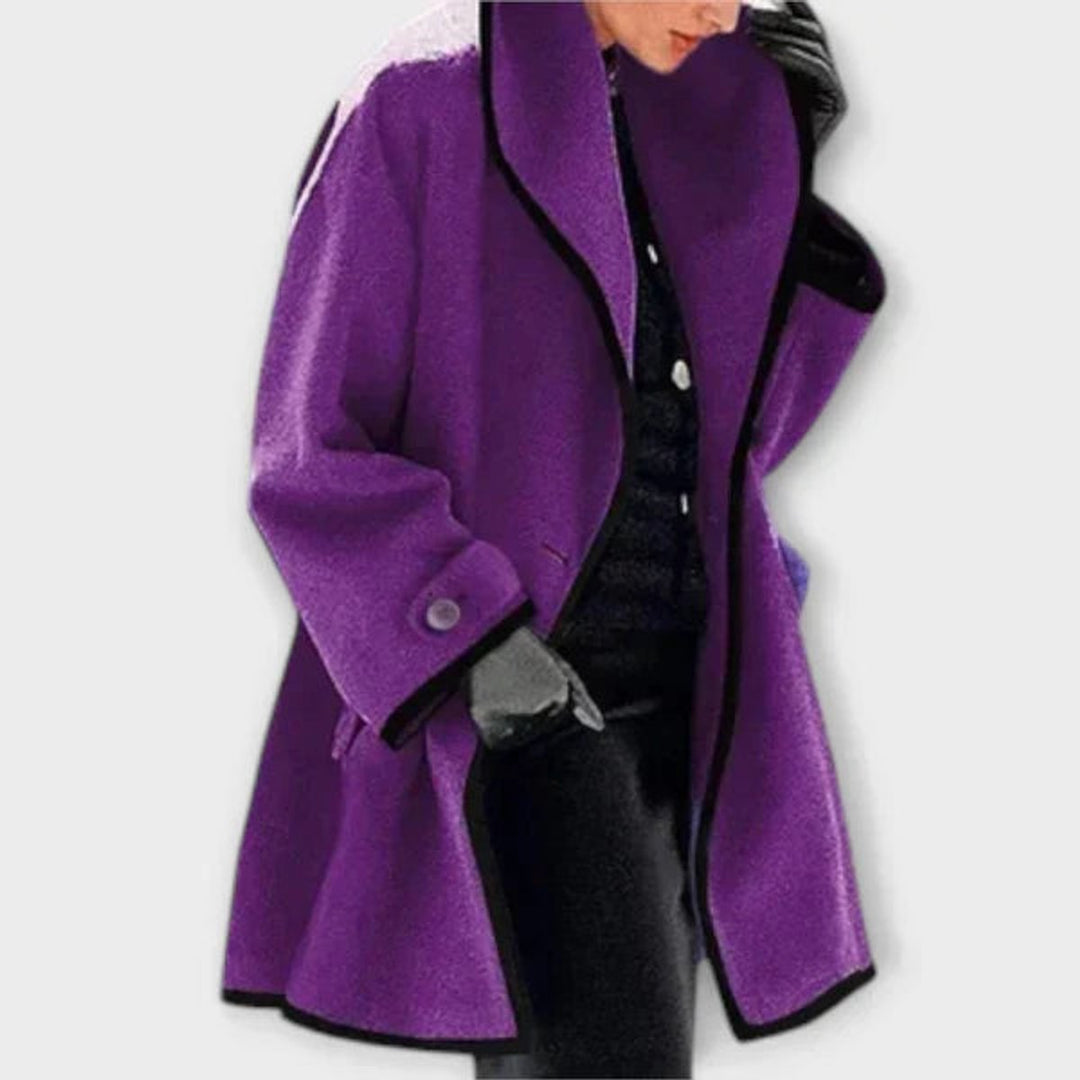 Women's Oversized Wool-Blend Swing Coat Black Contrast Trim - Purple
