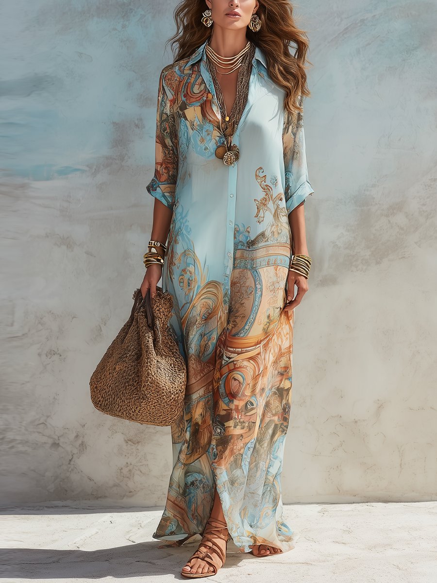 Women's Paisley Print Button-Down Maxi Shirt Midi Dress - Light Blue