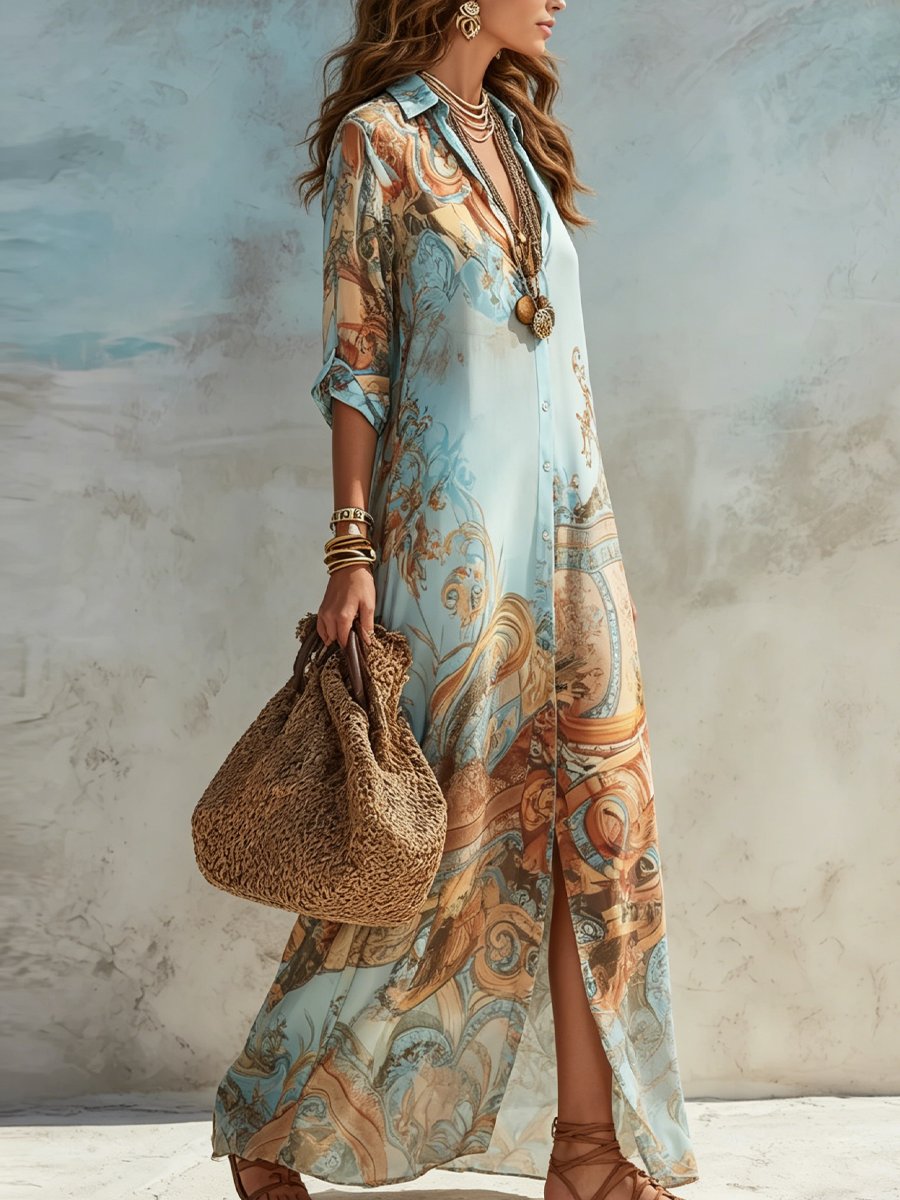 Women's Paisley Print Button-Down Maxi Shirt Midi Dress