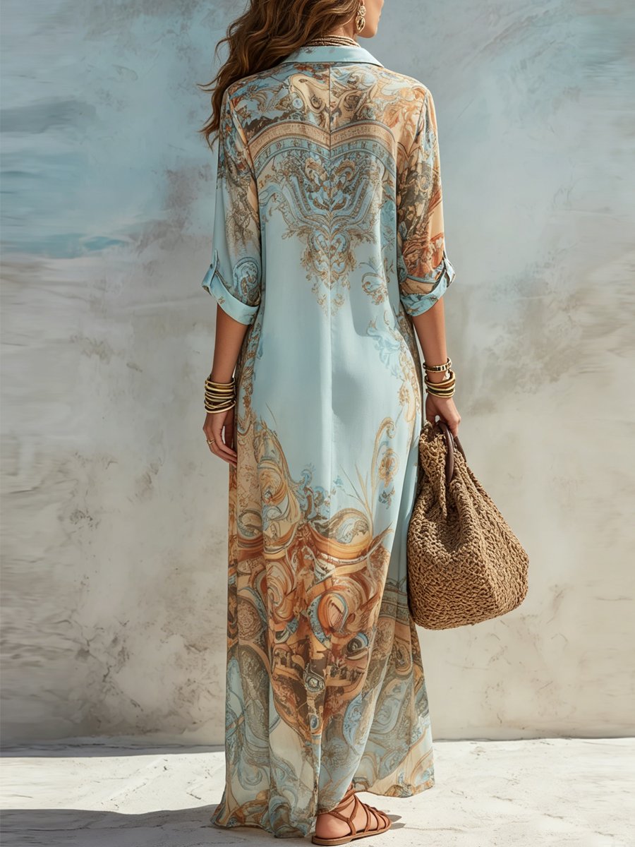 Women's Paisley Print Button-Down Maxi Shirt Midi Dress