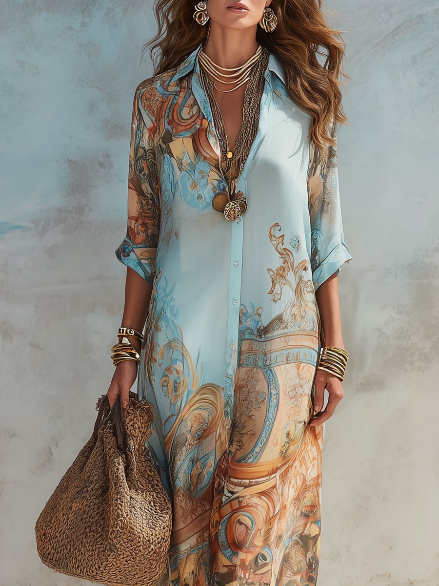 Women's Paisley Print Button-Down Maxi Shirt Midi Dress