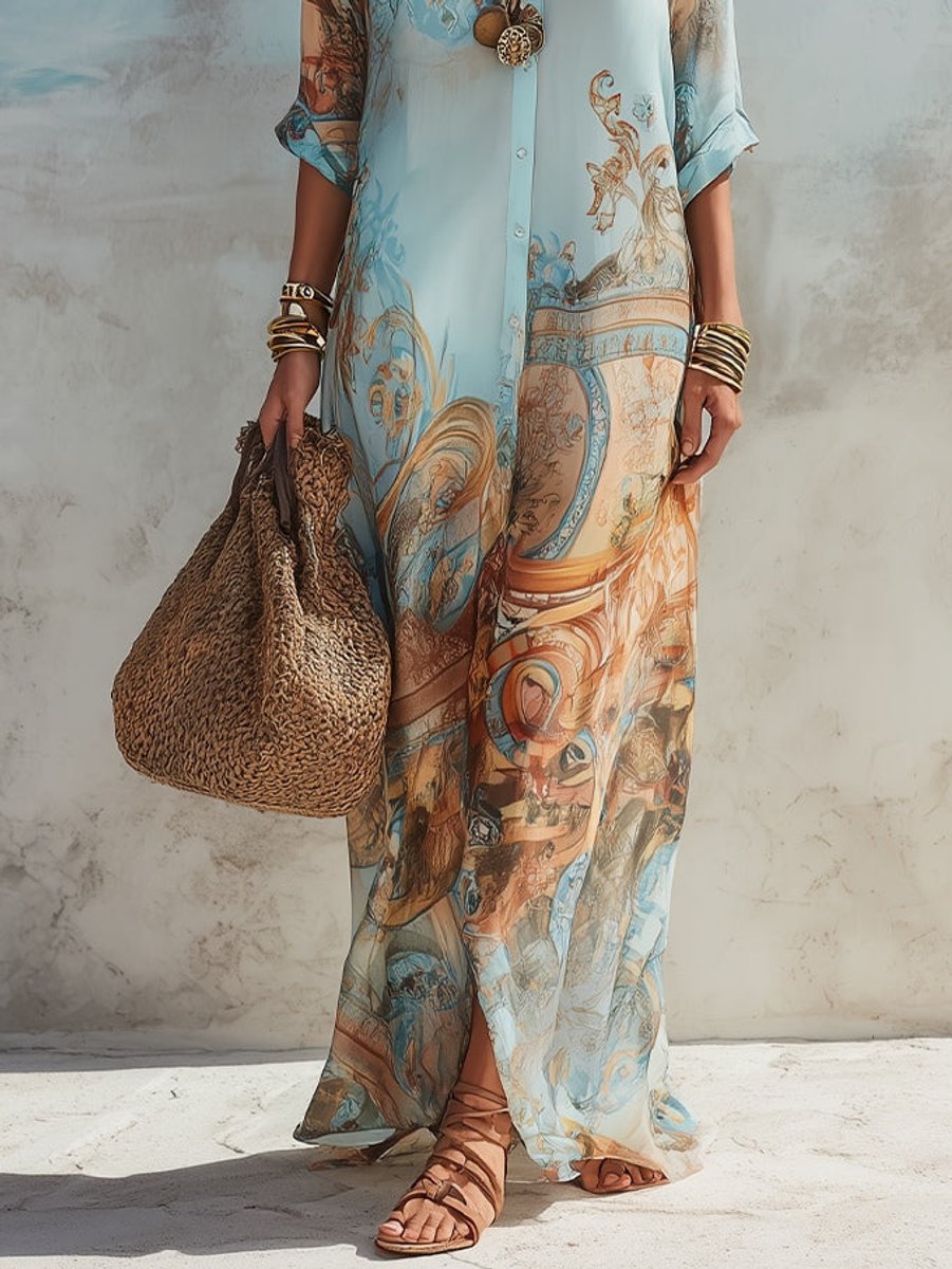Women's Paisley Print Button-Down Maxi Shirt Midi Dress
