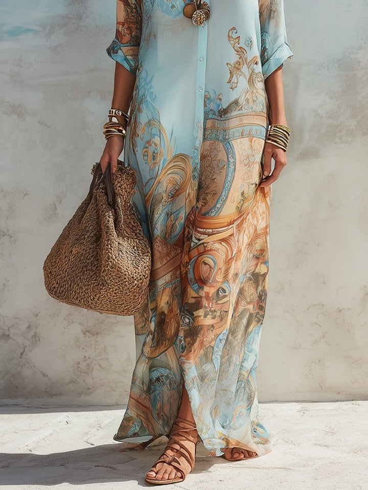 Women's Paisley Print Button-Down Maxi Shirt Midi Dress