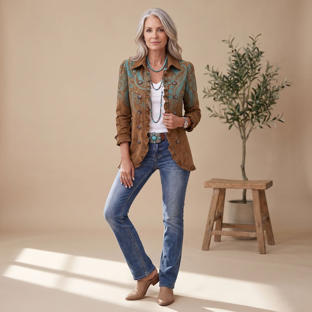 Women's Paisley Print Ruffle Double-Breasted Jacket - Brown