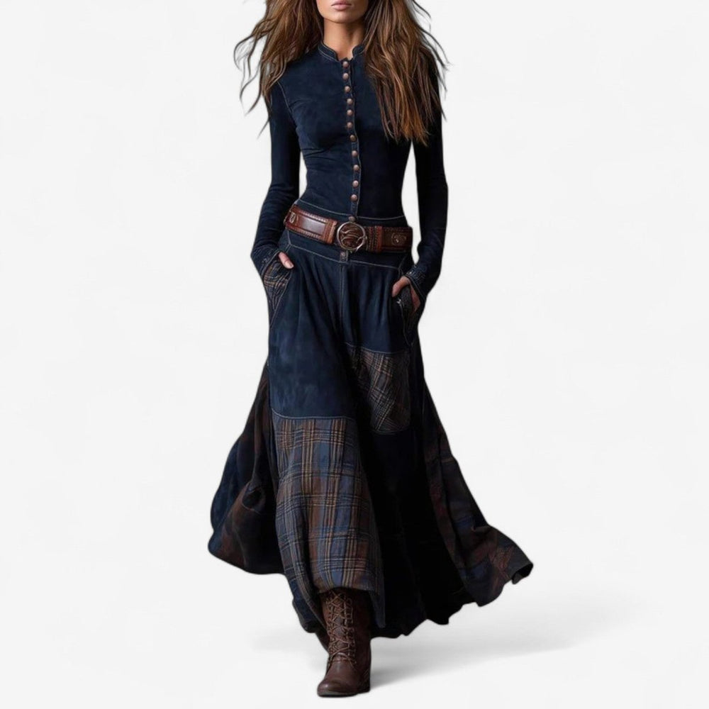 Women's Patchwork Plaid Flared Maxi Long Sleeve Dress - Royal Blue
