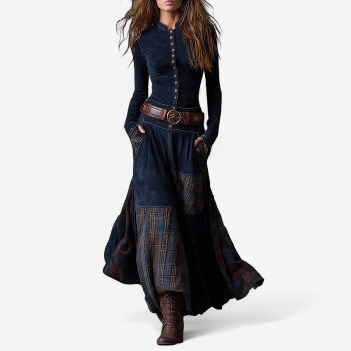 Women's Patchwork Plaid Flared Maxi Long Sleeve Dress - Royal Blue