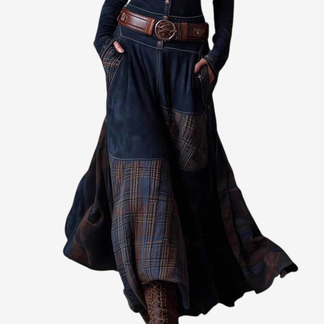 Women's Patchwork Plaid Flared Maxi Long Sleeve Dress