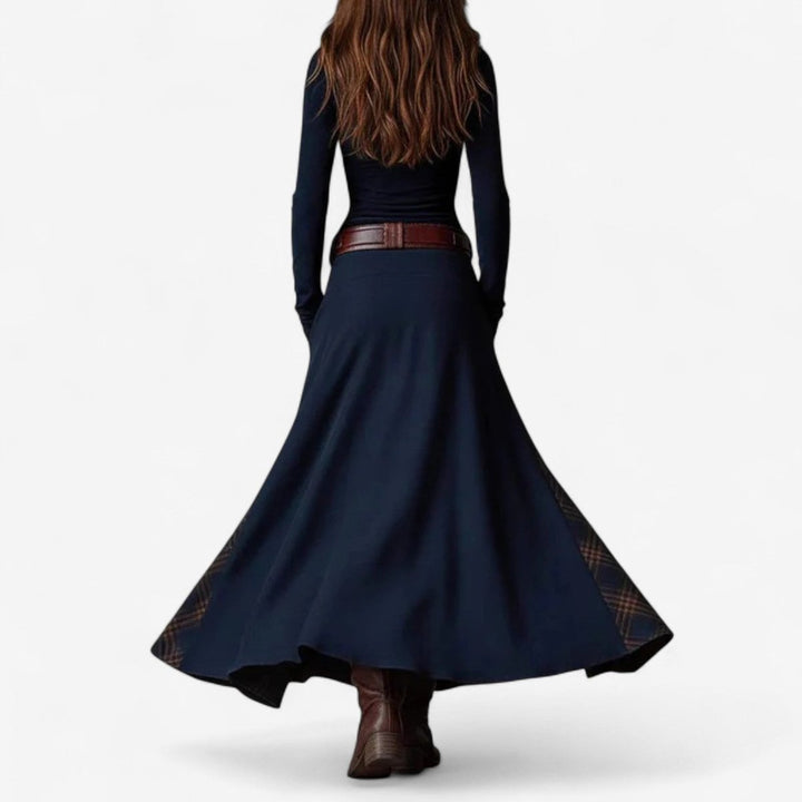 Women's Patchwork Plaid Flared Maxi Long Sleeve Dress