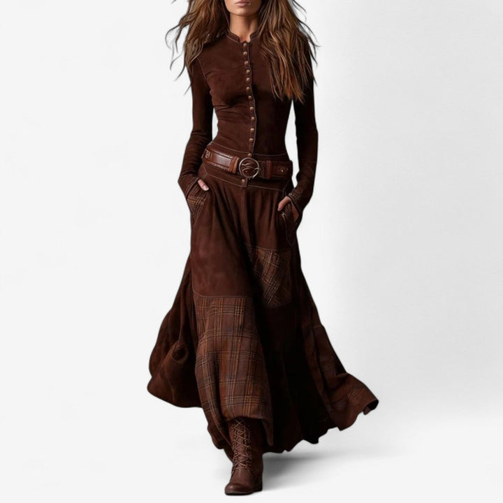 Women's Patchwork Plaid Flared Maxi Long Sleeve Dress - Red