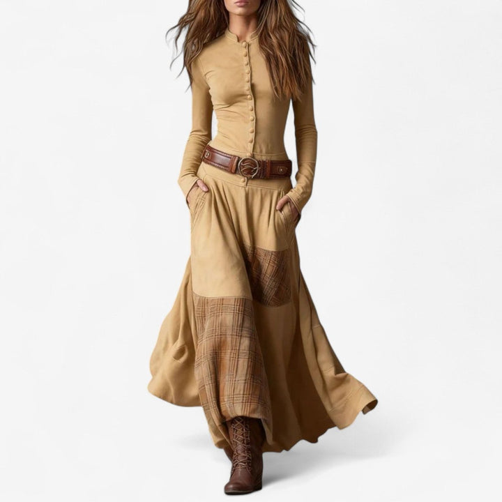 Women's Patchwork Plaid Flared Maxi Long Sleeve Dress - Apricot