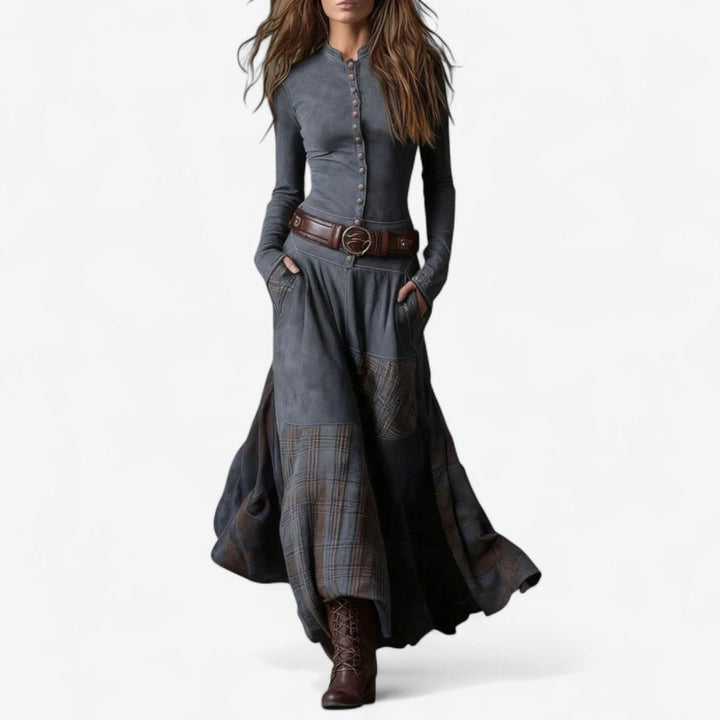 Women's Patchwork Plaid Flared Maxi Long Sleeve Dress - Gray